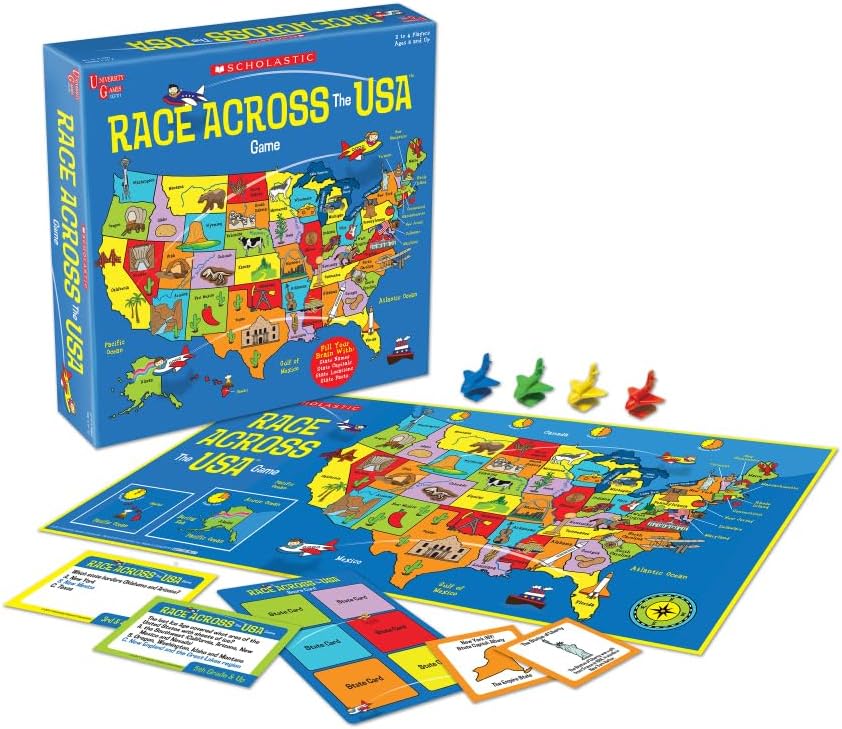 University Games, Scholastic Race Across the USA Juego de Mesa, Juego de Aprendizaje de Geografía para Niños y Familias, para 2 a 4 Jugadores a partir de 8 Años en Adelante