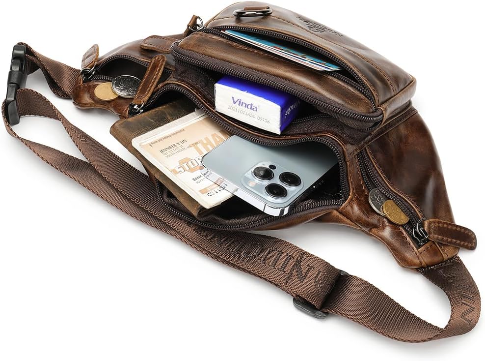 Riñonera de cuero genuino hecha a mano Bolsa de cintura de piel de vaca duradera Lotes de bolsillo con cremallera antirrobo, marrón (Brown Waxed), Pequeña