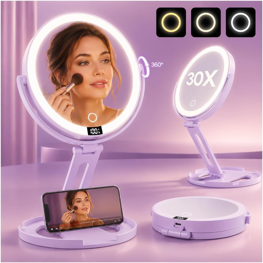 Espejo de maquillaje de viaje con luces, espejo de aumento de doble cara 1X