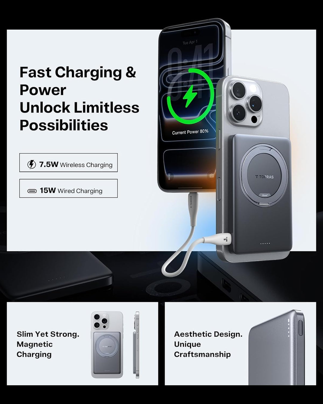 TORRAS Ostand MiniMag Power Bank, 5,000mAh Batería Externa Magnétic...