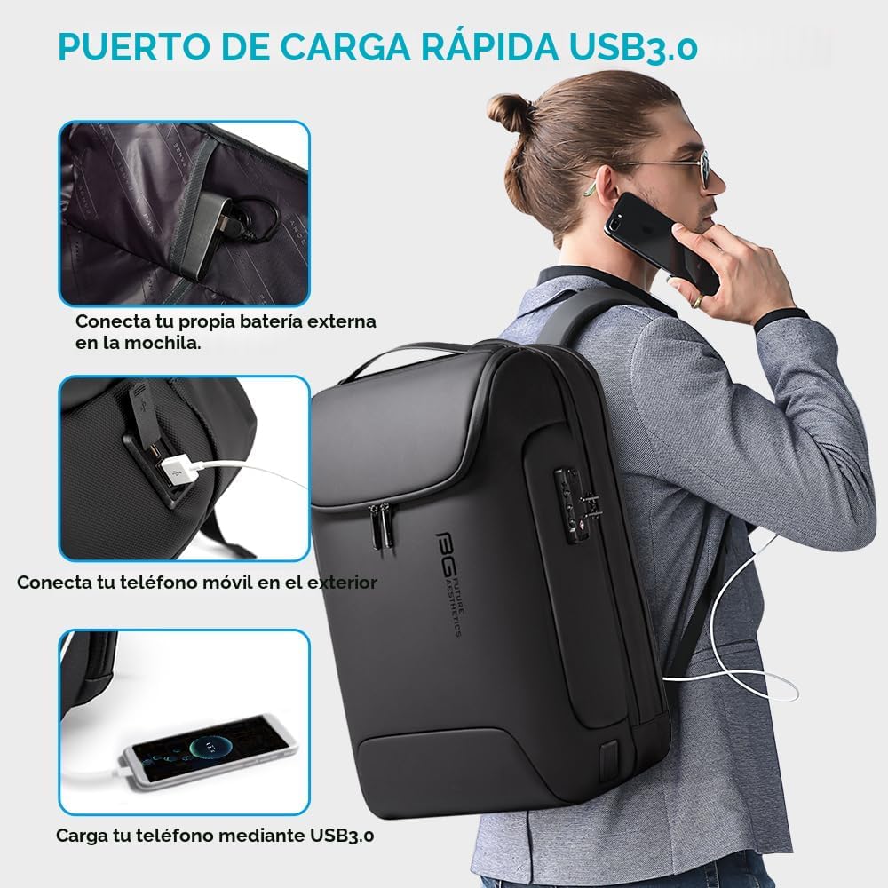 BANGE Mochila antirrobo con puerto de carga USB, mochila de negocio...