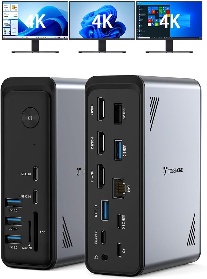 TobenONE Estación de acoplamiento para laptop 18 en 1, 3 monitores,...