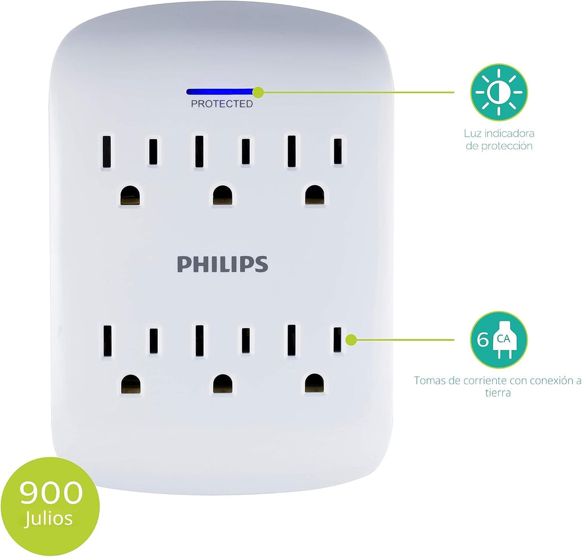 Lámpara Philips - Protector de sobretensiones extensor de 6 tomas, paquete de 4