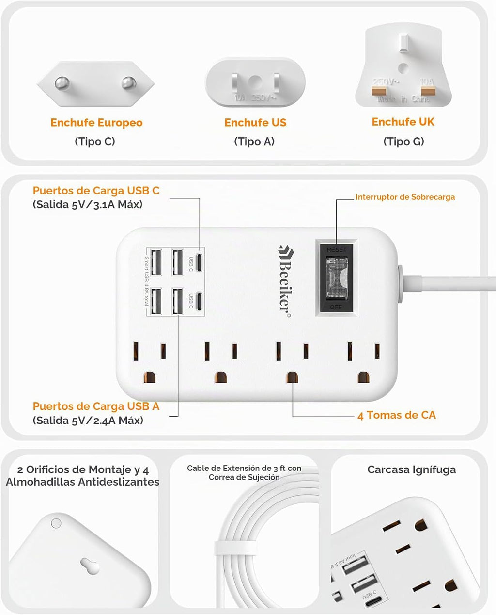 Adaptador de enchufe de viaje europeo, regleta de alimentación de EE. UU. a Europa, 6 USB, 4 tomacorrientes, 3 pies