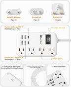 Adaptador de enchufe de viaje europeo, regleta de alimentación de EE. UU. a Europa, 6 USB, 4 tomacorrientes, 3 pies