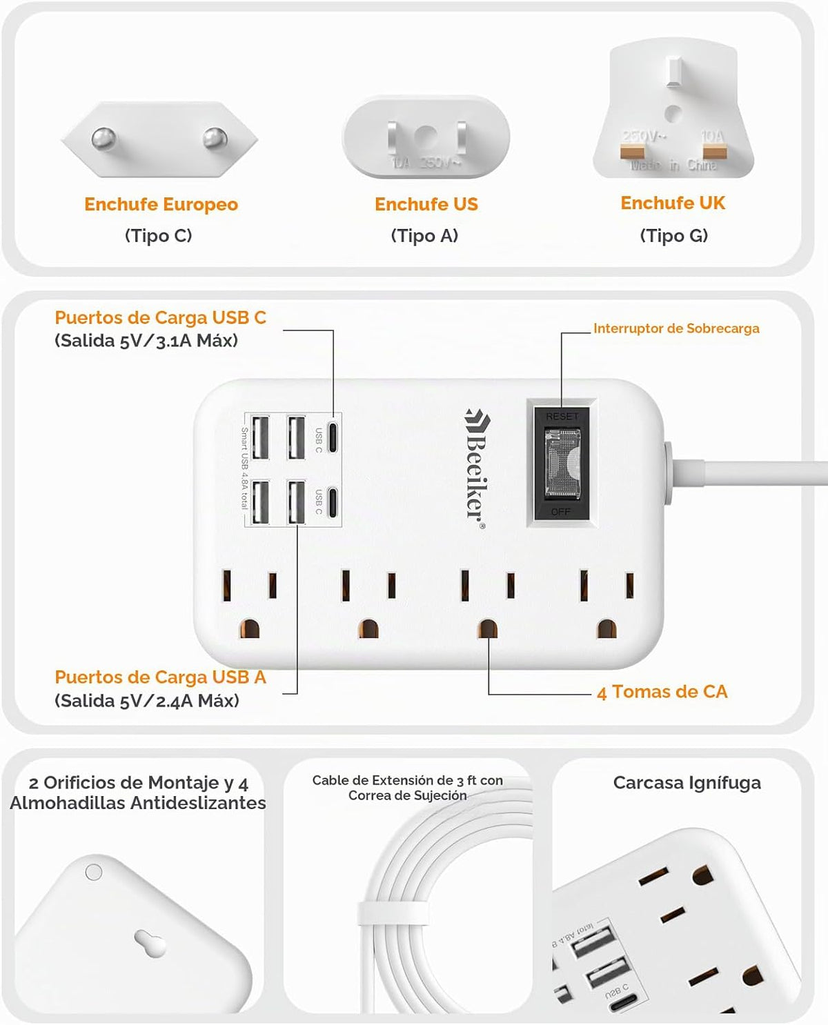 Adaptador de enchufe de viaje europeo, regleta de alimentación de EE. UU. a Europa, 6 USB, 4 tomacorrientes, 3 pies