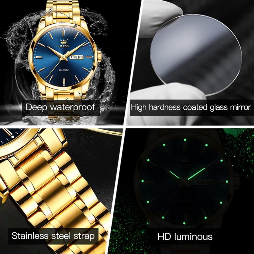 OLEVS Relojes para Hombre de Lujo a prueba de agua Lúminosos de lectura fácil Cronógrafo Con Esmalte Dorado Completo / Blanco Dial / Cara Negra Calendario Pulsera Relojes