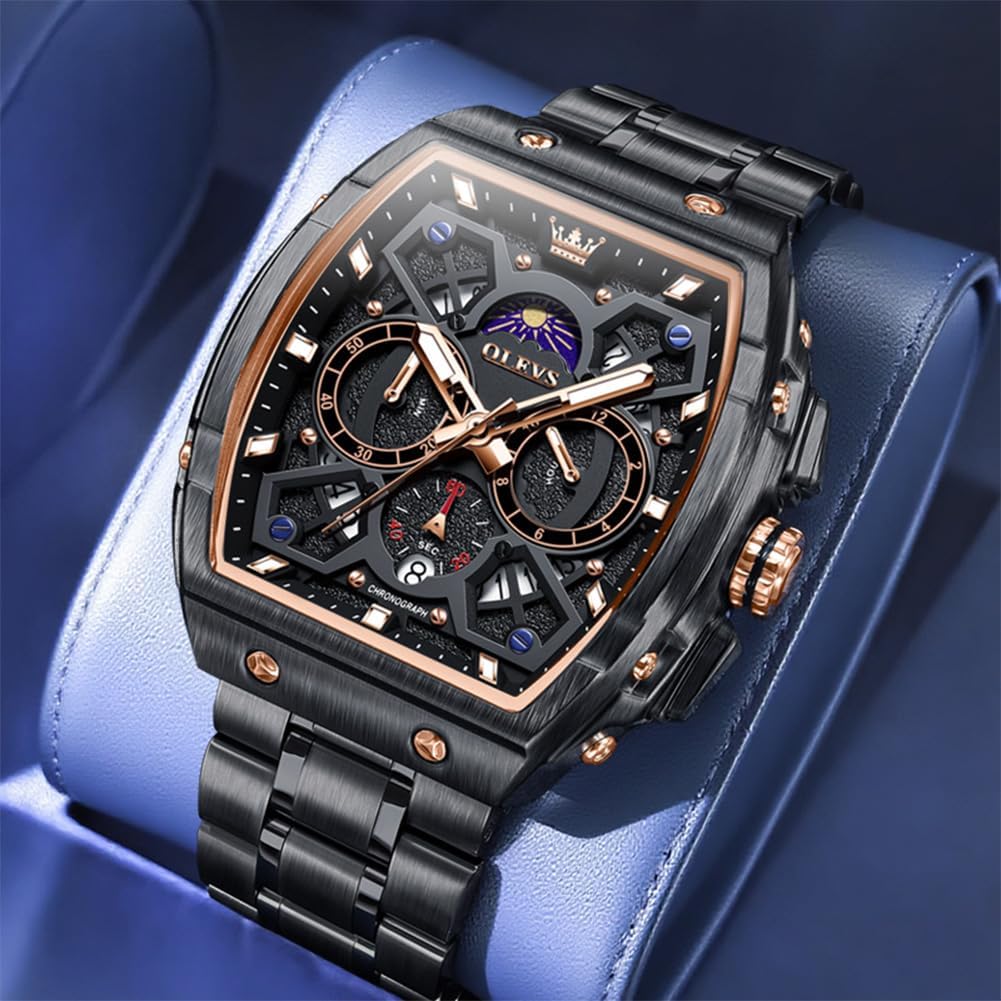 OLEVS Reloj para Hombres Analógico Cuarzo Lujo Diamante Resistente al Agua Cronógrafo Acero Inoxidable Carita Grande Cuadrado Fecha Fase Lunar Romano Relojes de Vestir para Hombres