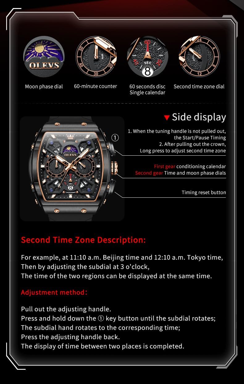 OLEVS Relojes para Hombre Casual Lujo Cara Grande Cronógrafo Multifuncional Relojes de Hombre Correa de Silicona/Nylon Duradera 3 ATM Resistente al Agua Reloj de Hombre Fecha Fase Lunar Reloj
