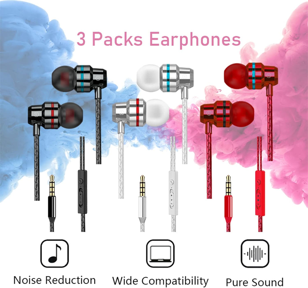 Paquete de 3 auriculares con cable, auriculares intrauditivos con c...