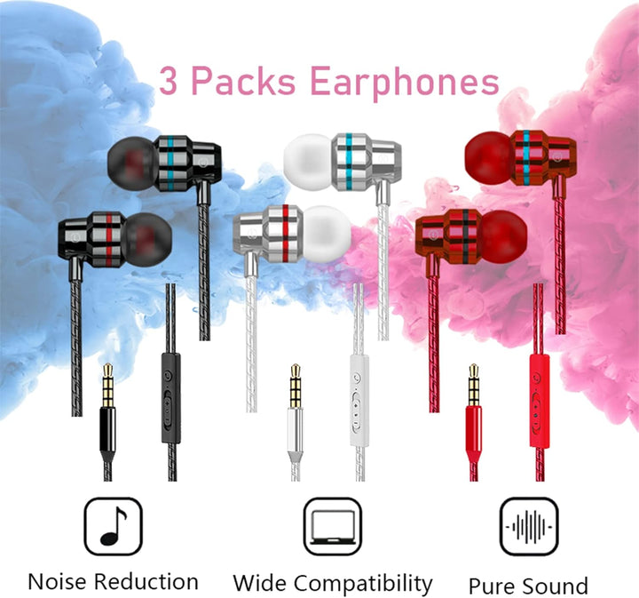 Paquete de 3 auriculares con cable, auriculares intrauditivos con c...