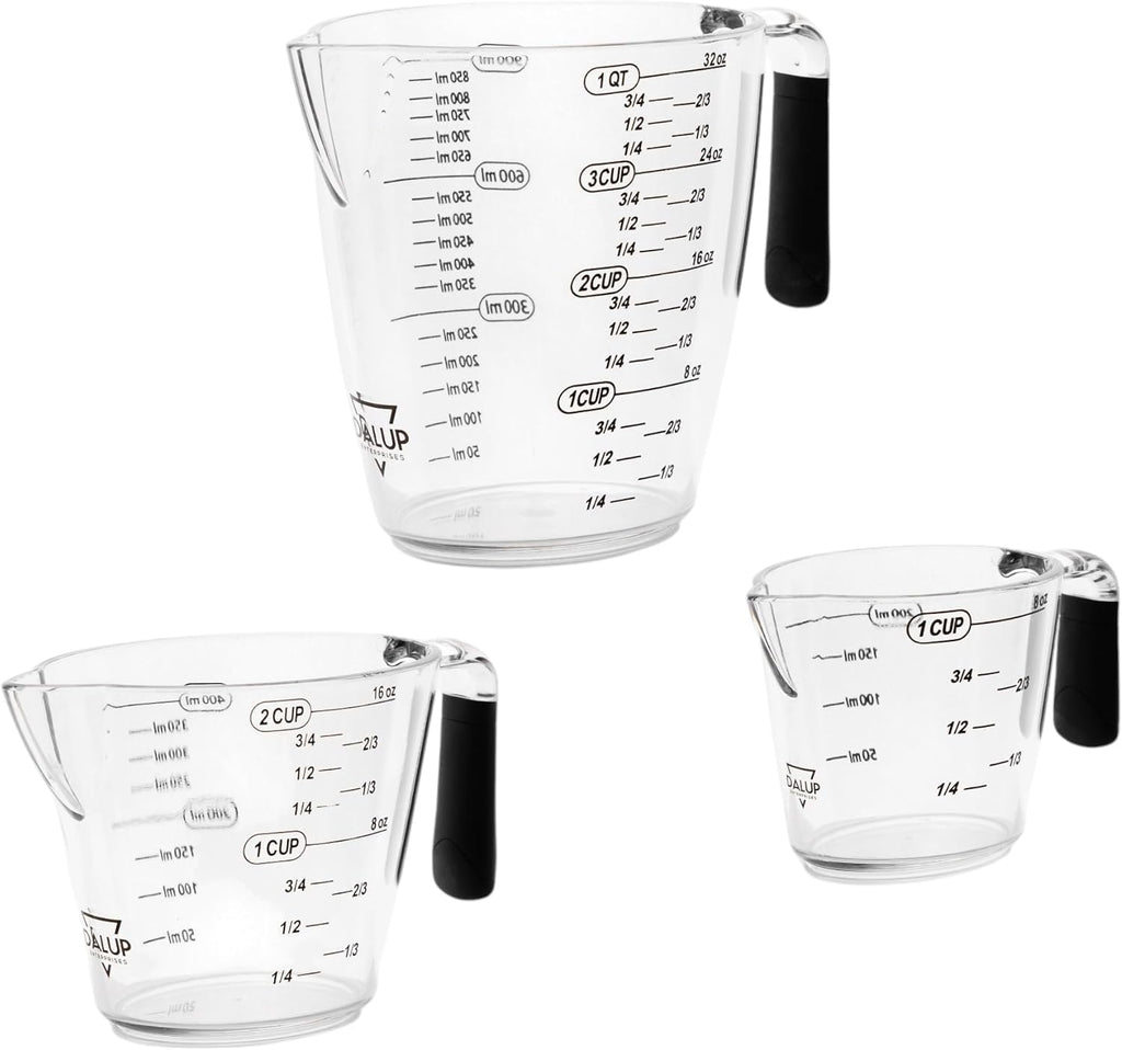 Dalup Juego de Tazas Medidoras – Tazas Medidoras de Plástico Transparente para Líquidos (8/16/32 oz) con Busque y Asa Antideslizante | Juego de 3 Tazas Medidoras de Plástico para Líquidos y Ingredientes Secos