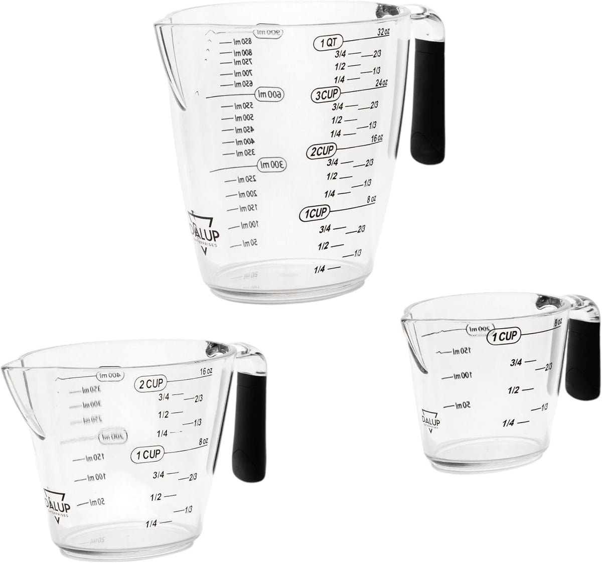 Dalup Juego de Tazas Medidoras – Tazas Medidoras de Plástico Transparente para Líquidos (8/16/32 oz) con Busque y Asa Antideslizante | Juego de 3 Tazas Medidoras de Plástico para Líquidos y Ingredientes Secos