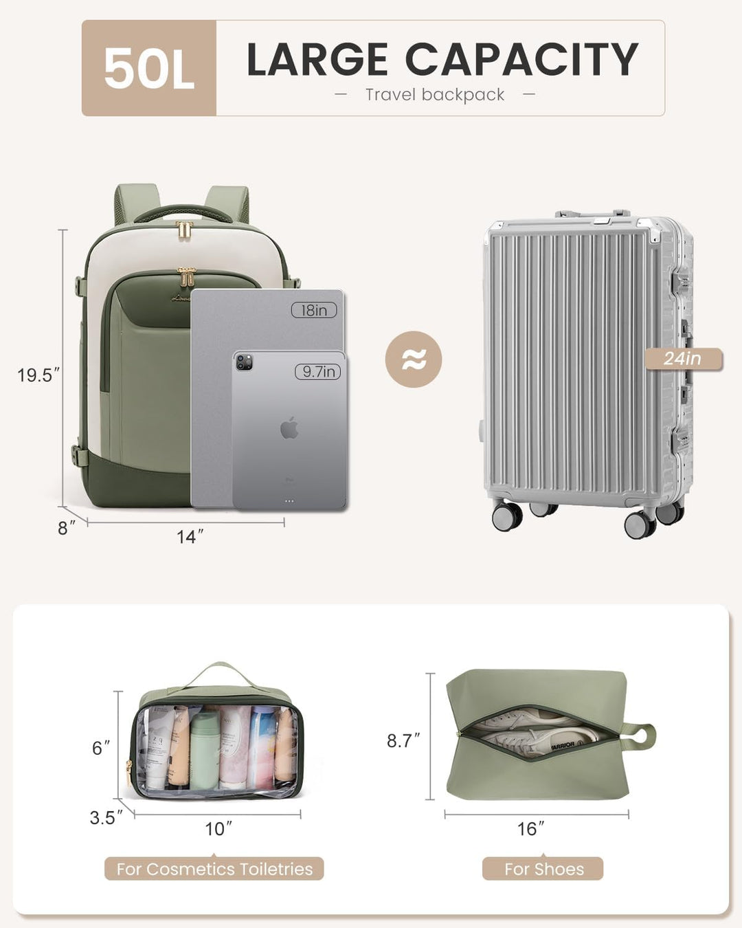 LOVEVOOK Mochila de Viaje de 50L para Mujeres y Hombres, Mochila Gr...