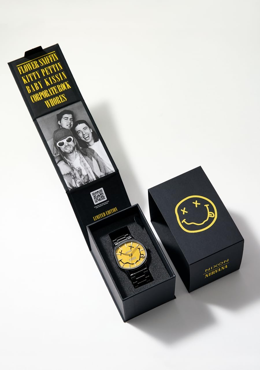NIXON x Nirvana Smiley Sentry Wobble A1417 - Reloj de cuarzo japonés para hombre - (Carátula de 42 mm, correa de acero inoxidable de 23 mm-20 mm)