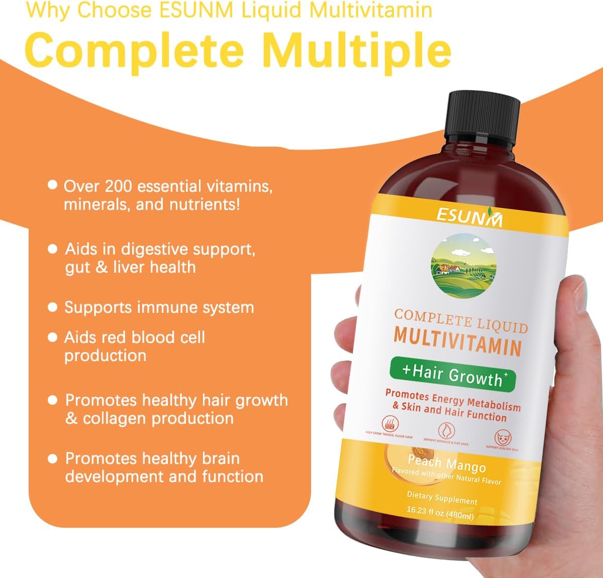 Multivitamínico líquido completo + crecimiento del cabello, promuev...