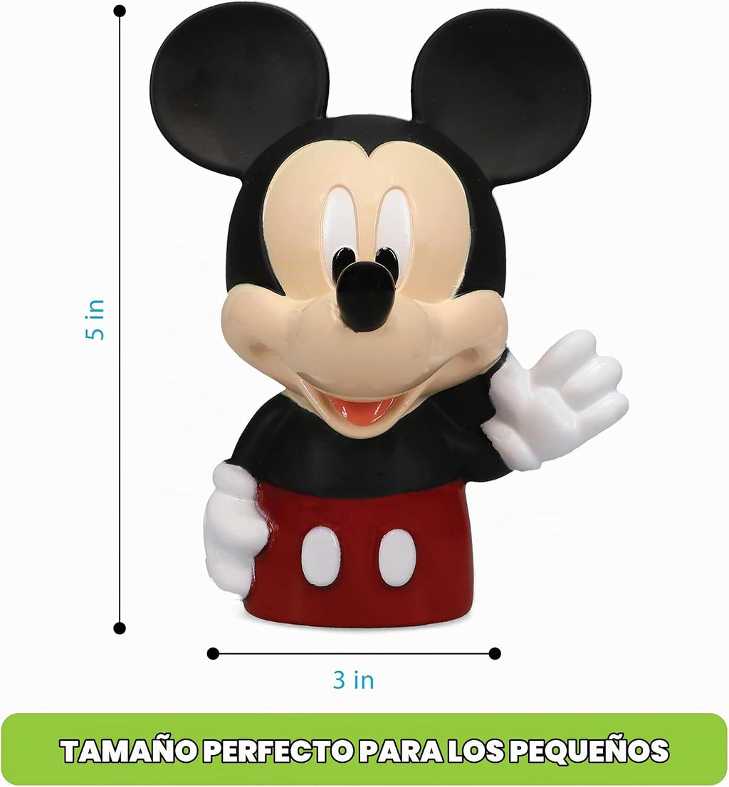 Mickey y amigos juego de 6 piezas de juguetes de baño con pulverizador. Juguetes de baño para bebés y niños pequeños, incluye cubo organizador con drenaje para guardar tus juguetes de agua para el