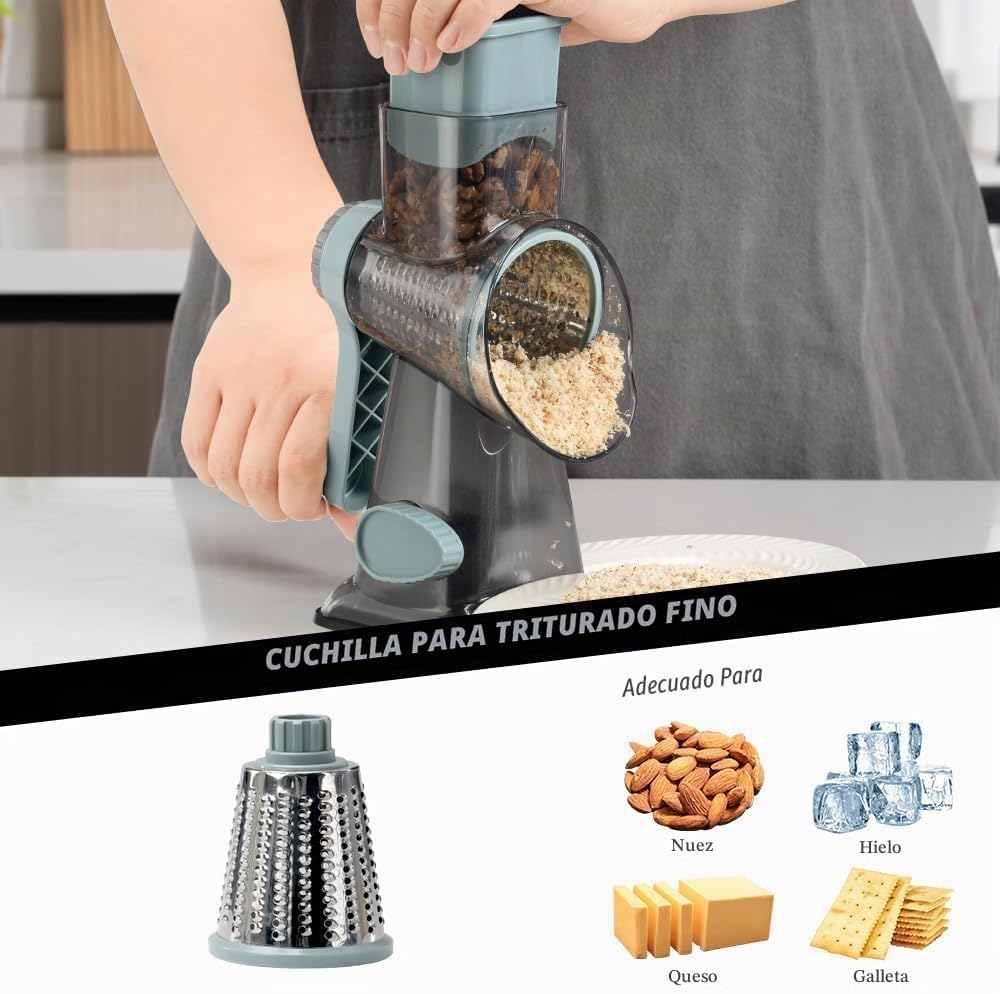 Rallador de queso, triturador de queso y verduras, rallador para cocina, 3 cuchillas intercambiables para queso, papa, calabacín, nueces, chocolate (gris azul)
