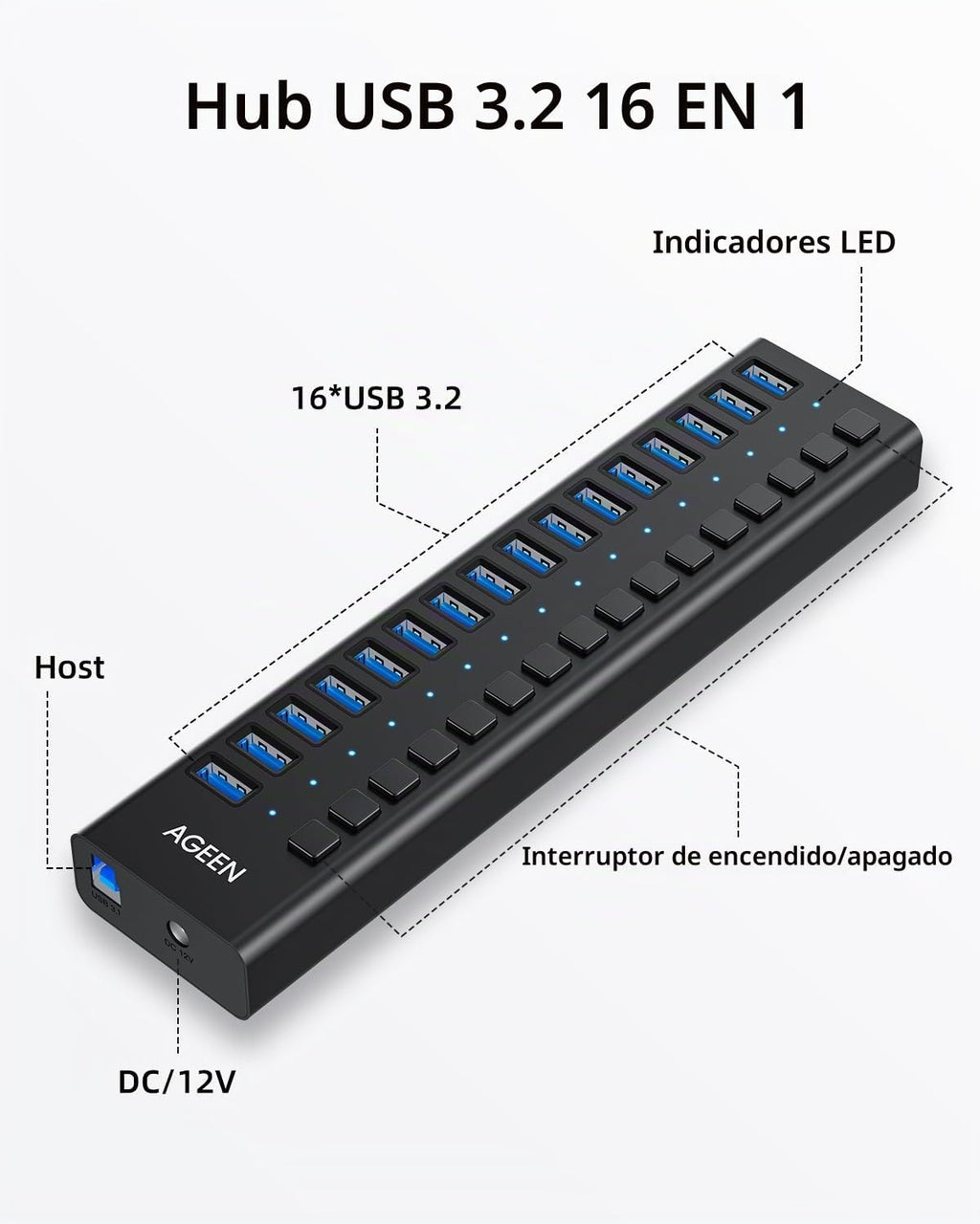 AGEEN, MKI-1200800C8, hub USB 3.2 de 16 puertos, alimentado, adaptador 12V/8A