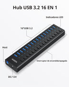 AGEEN, MKI-1200800C8, hub USB 3.2 de 16 puertos, alimentado, adaptador 12V/8A
