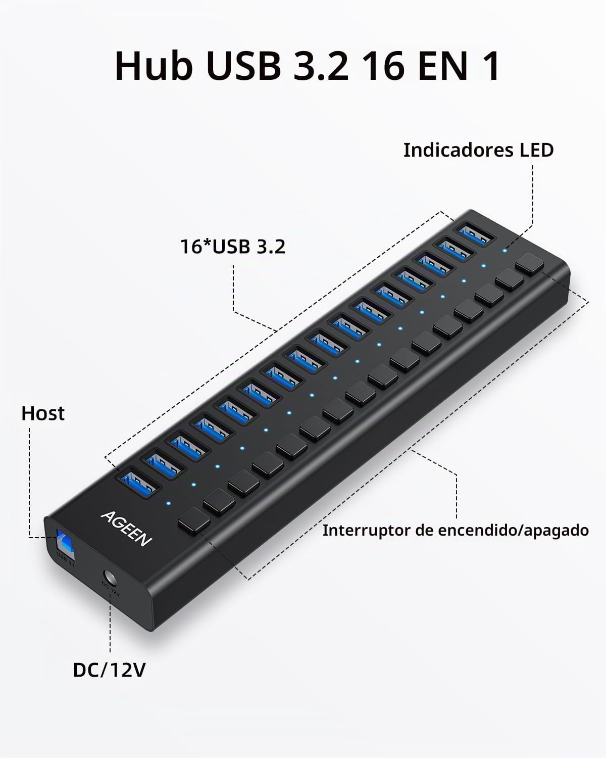 AGEEN, MKI-1200800C8, hub USB 3.2 de 16 puertos, alimentado, adaptador 12V/8A