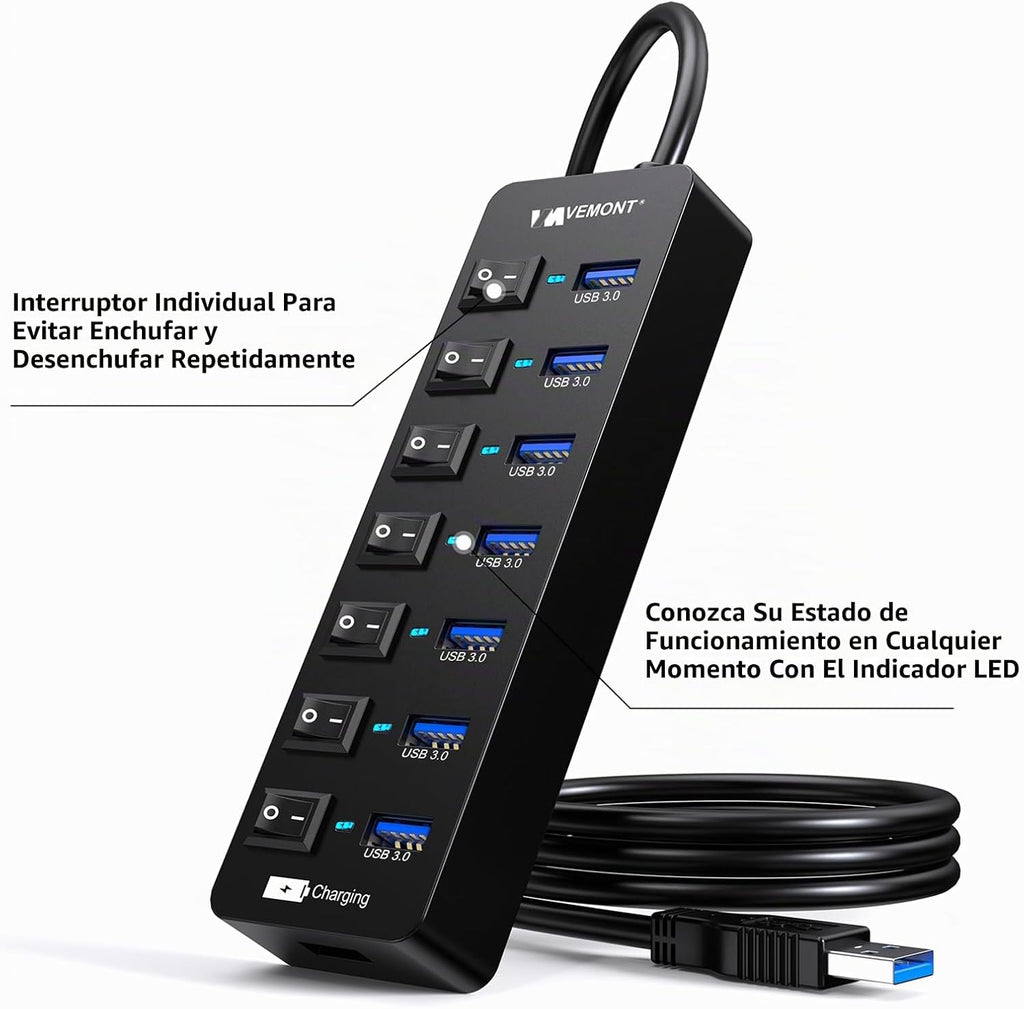 VEMONT, USB-3030, hub USB 3.0 de 7 puertos, alimentado, con puerto de carga inteligente, adaptador 5V/3A