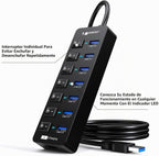 VEMONT, USB-3030, hub USB 3.0 de 7 puertos, alimentado, con puerto de carga inteligente, adaptador 5V/3A
