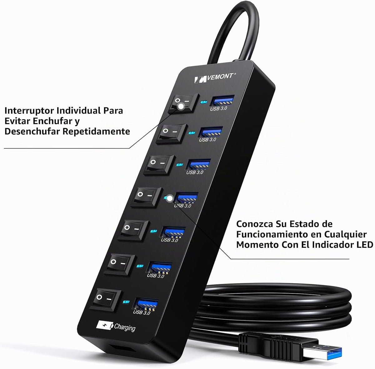 VEMONT, USB-3030, hub USB 3.0 de 7 puertos, alimentado, con puerto de carga inteligente, adaptador 5V/3A