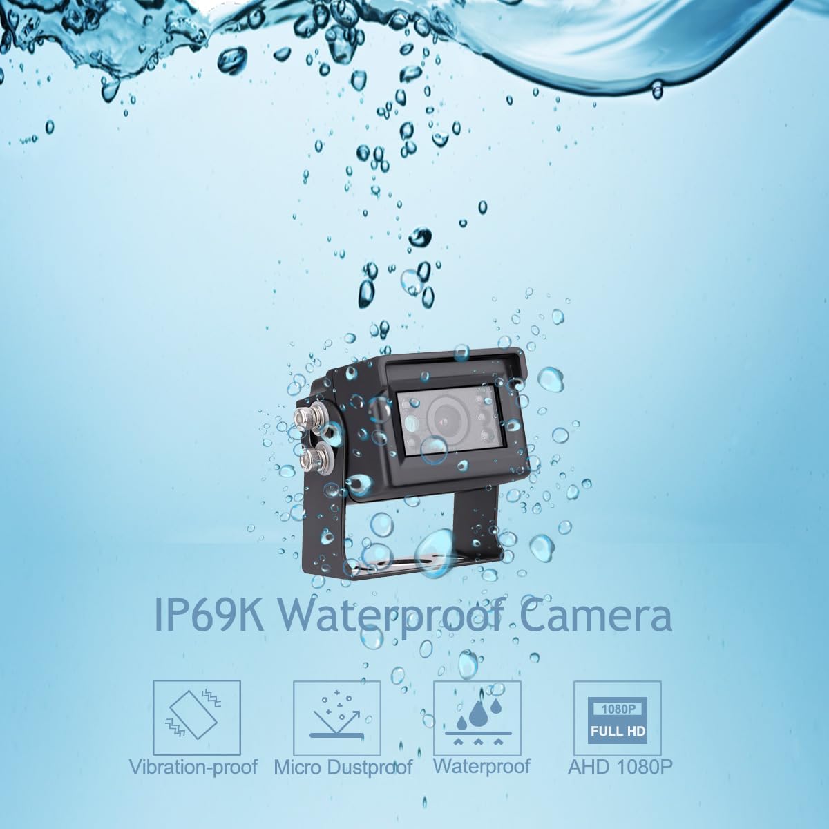 Lámpara 7 "1080P AHD Sistema de cámara de visión trasera inversa con cable, línea de guía, IP69K sin fugas de agua, visión nocturna, a prueba de vibraciones 10G para tractor/camión/excavadora/caravana/minicadora/equipo pesado