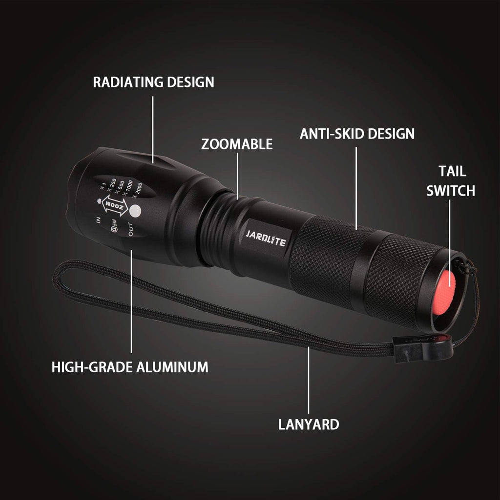 JARDLITE Linterna LED de mano de emergencia, 4 unidades, enfoque ajustable, resistente al agua con 5 modos, la mejor linterna táctica para huracanes, camping, paseo del perro