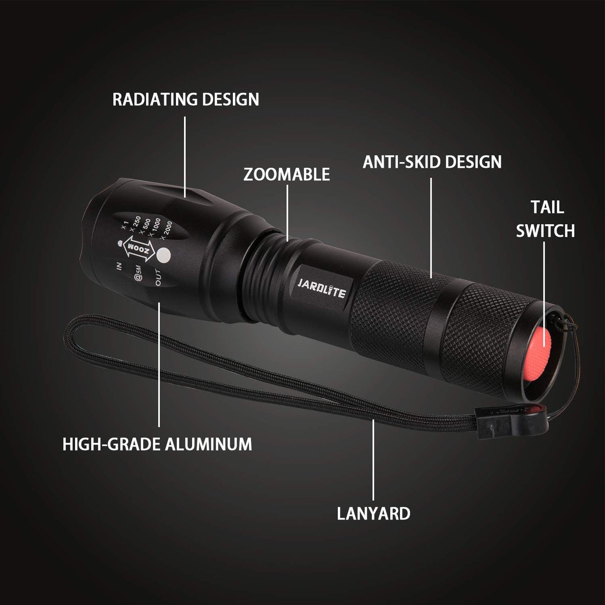 JARDLITE Linterna LED de mano de emergencia, 4 unidades, enfoque ajustable, resistente al agua con 5 modos, la mejor linterna táctica para huracanes, camping, paseo del perro