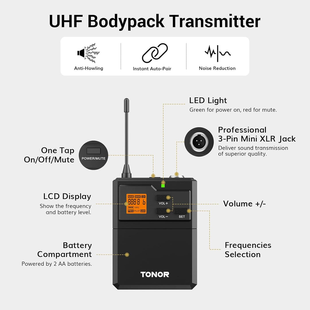 TONOR Sistema de Micrófonos Inalámbricos con Auriculares UHF de Met...