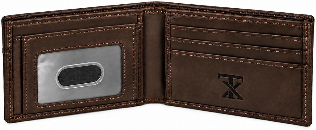 Cartera Bifold de Cuero para Hombres, Bloqueo RFID, Ranura para Tracker (Café Vintage)