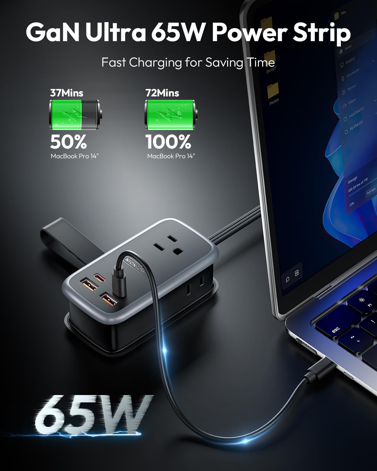 NTONPOWER GAN Ultra - Estación de carga rápida USB de 65 W, regleta de alimentación de viaje 7 en 1 con 3 tomas, 4 USB (2 C), cable de extensión de 4 pies, esenciales de viaje, Cruise Essentials 2026, compatible con MacBook, iPhone