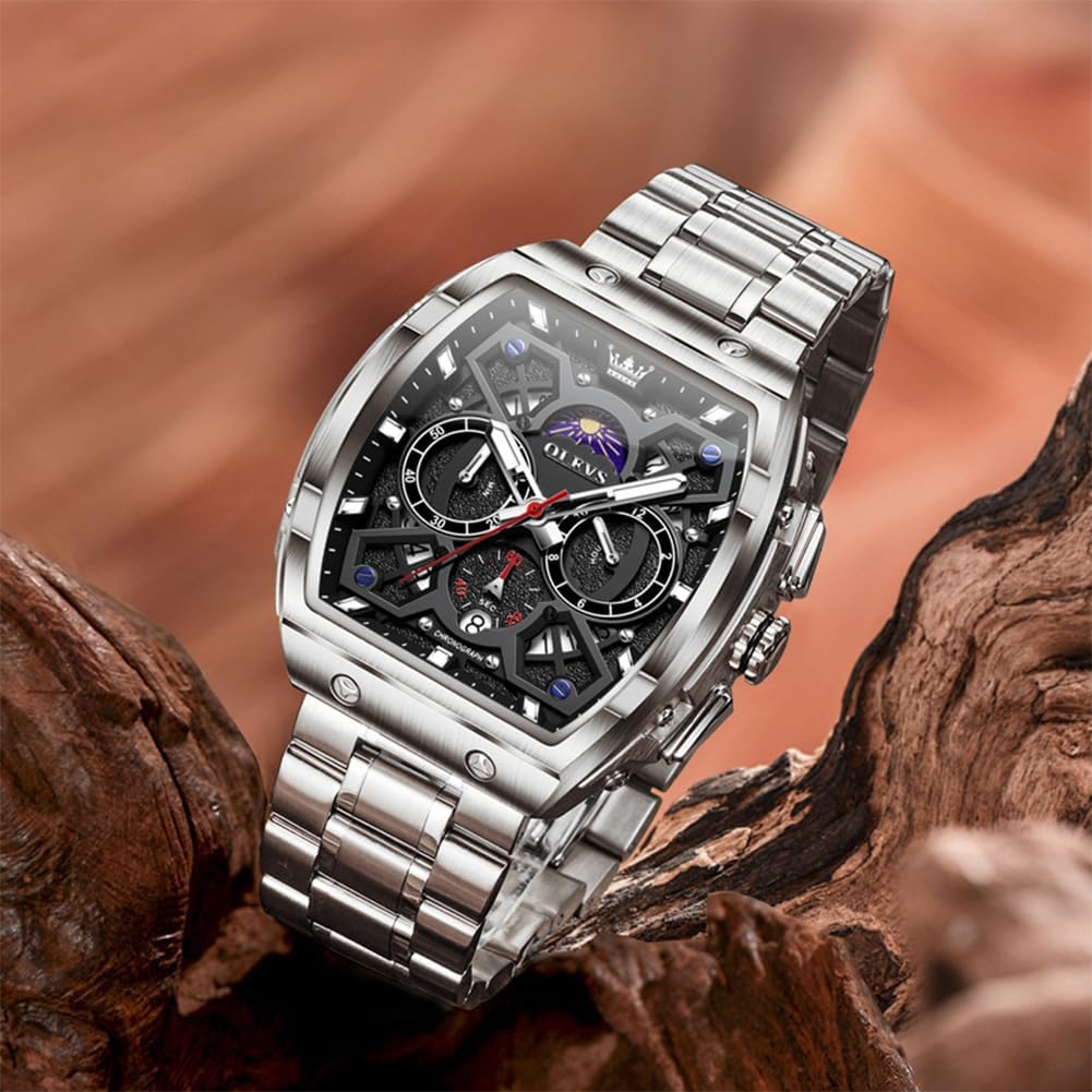 OLEVS Reloj para Hombres Analógico Cuarzo Lujo Diamante Resistente al Agua Cronógrafo Acero Inoxidable Carita Grande Cuadrado Fecha Fase Lunar Romano Relojes de Vestir para Hombres
