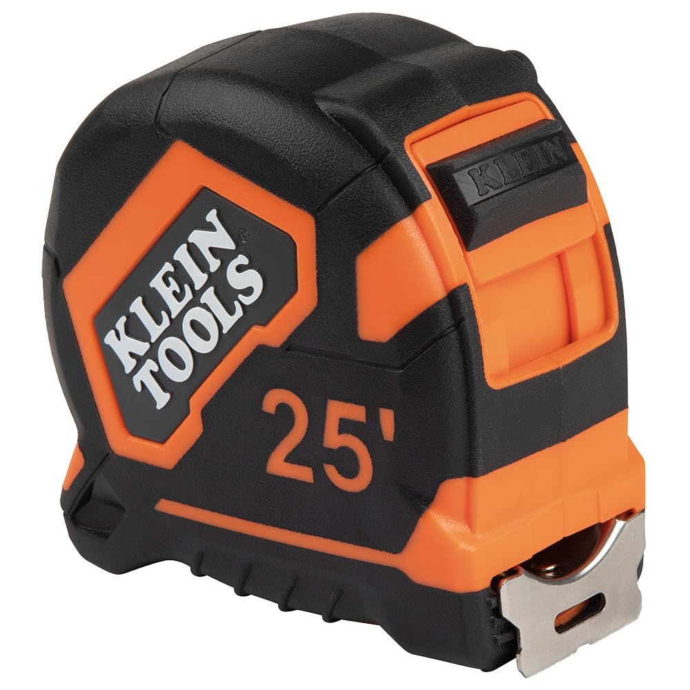 Klein Tools Cinta métrica 9125, cinta métrica resistente con hoja reforzada de nailon de un solo gancho de 25 pies, con clip de metal para cinturón