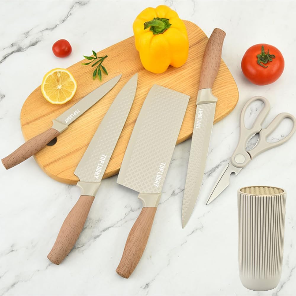 Wiztoynia - Juego de cuchillos de cocina de 6 piezas color caqui para el hogar, juego de cuchillos de chef afilados de acero inoxidable antiadherentes con bloque universal de cuchillos para cocina