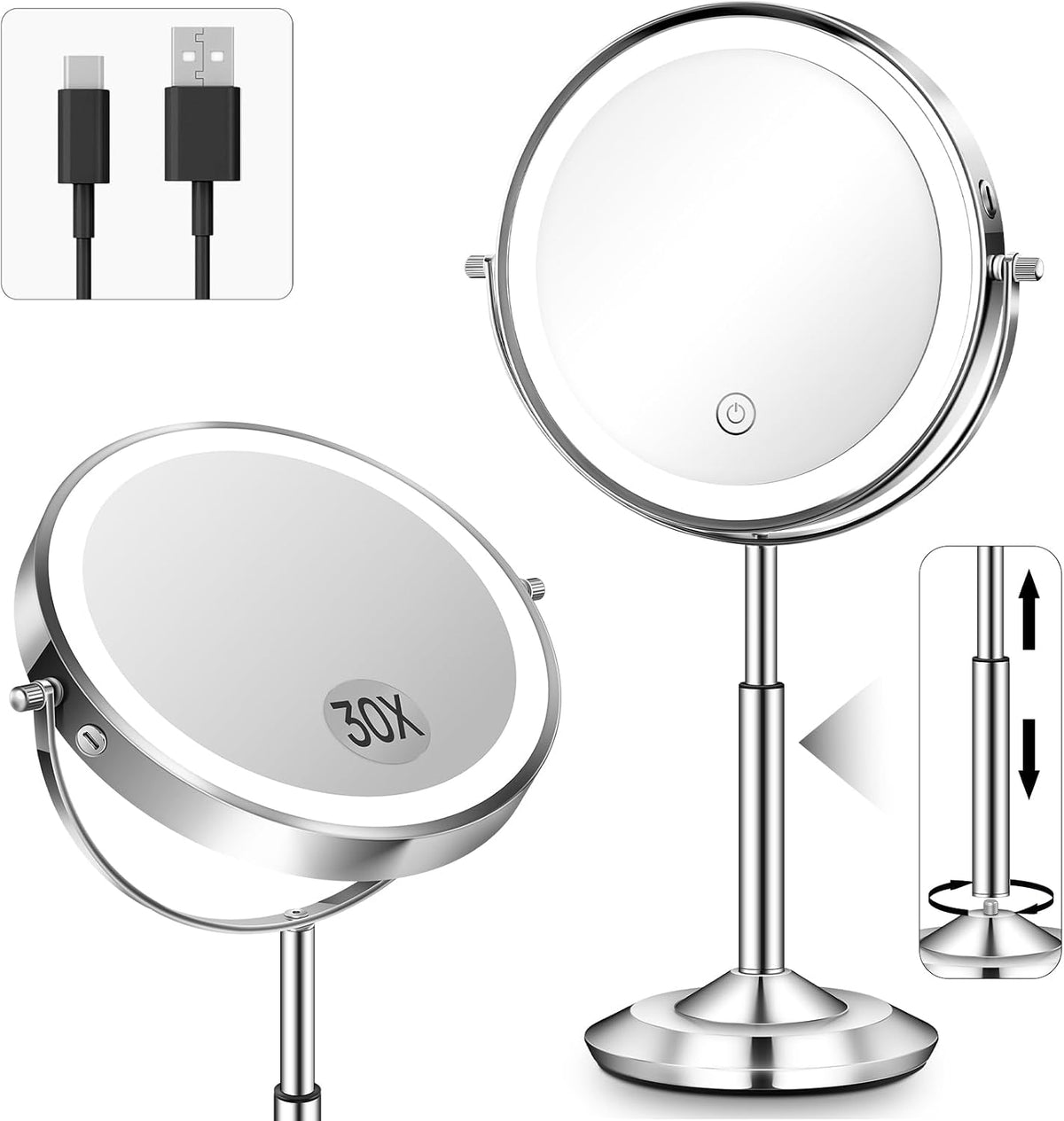 Espejo de maquillaje con aumento de 1X/30X 8" con luces de altura ajustable
