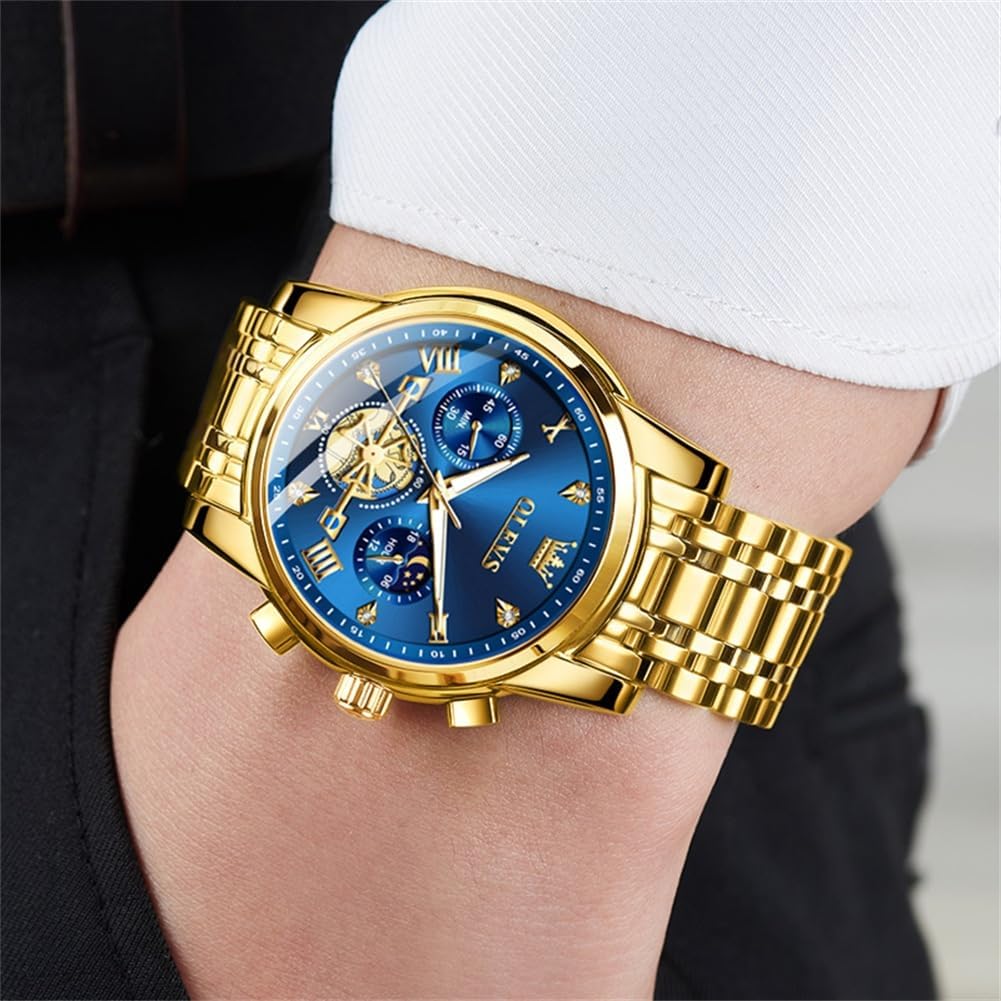 OLEVS Relojes para hombre, resistente al agua, de lujo, gran cara, reloj analógico de cuarzo de acero inoxidable, relojes de vestir analógicos para hombre, luminoso, multifuncional, reloj de hombre