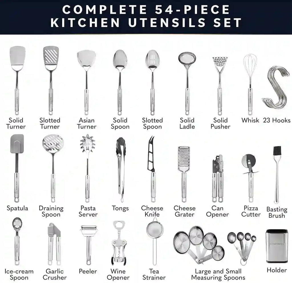 Home Hero Juego de utensilios de cocina de acero inoxidable de 54 piezas, utensilios de cocina antiadherentes resistentes al calor de silicona y acero inoxidable, herramientas completas con cuchara