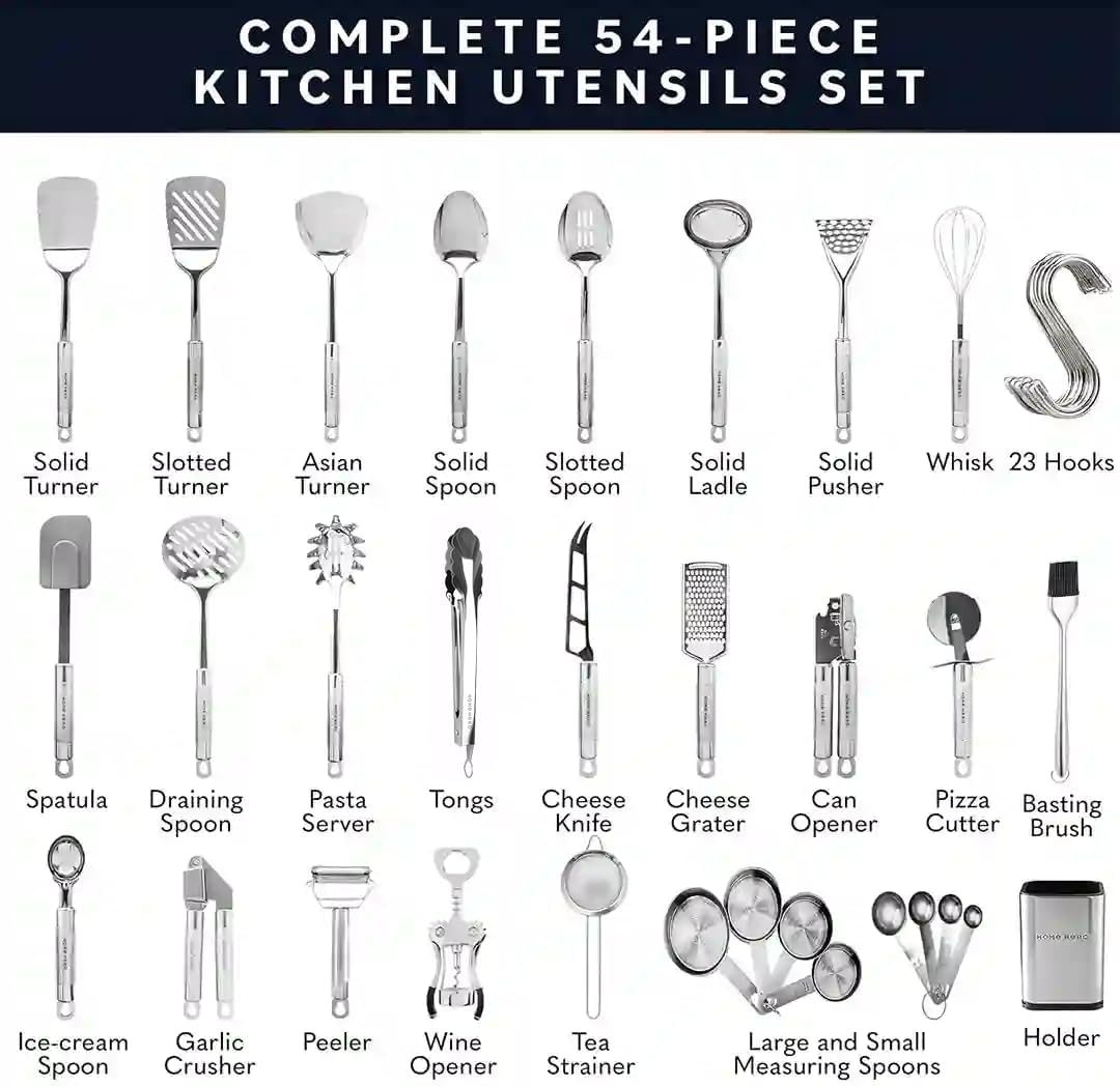 Home Hero Juego de utensilios de cocina de acero inoxidable de 54 piezas, utensilios de cocina antiadherentes resistentes al calor de silicona y acero inoxidable, herramientas completas con cuchara