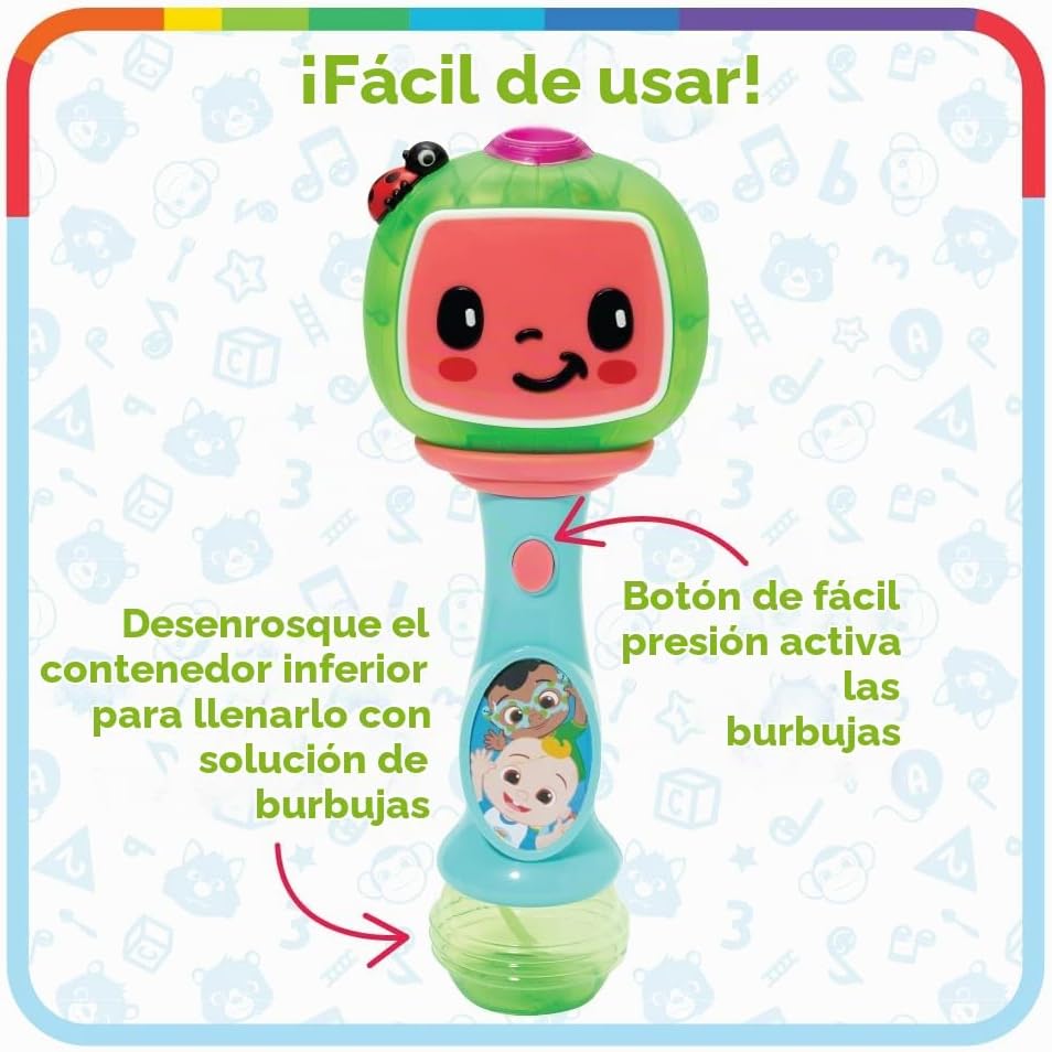 Little Kids Cocomelon - Varita musical de burbujas con luz y sonido, incluye solución de burbujas