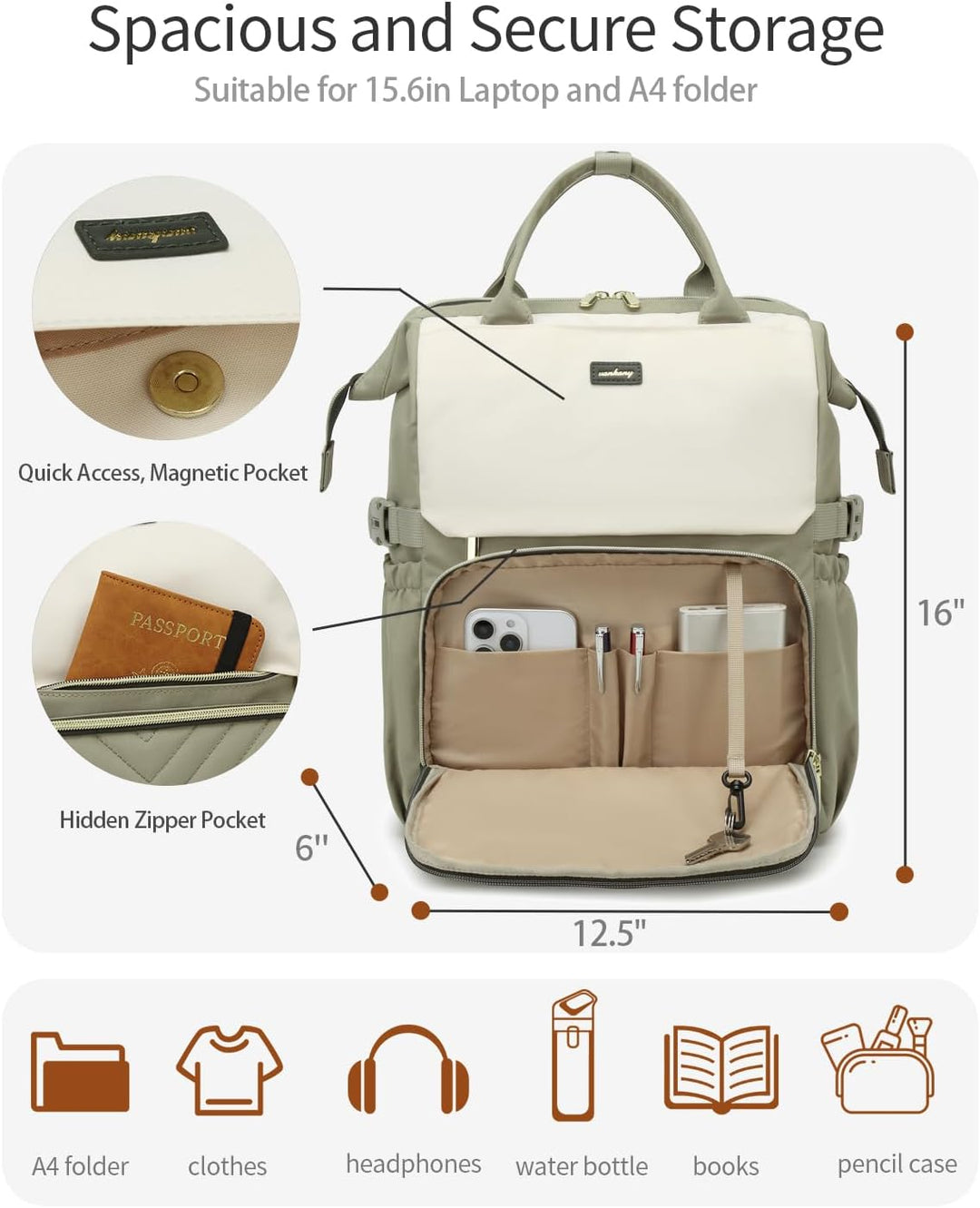 VANKANY Bolsa de libros para mujer, mochila para laptop, bolsas de...