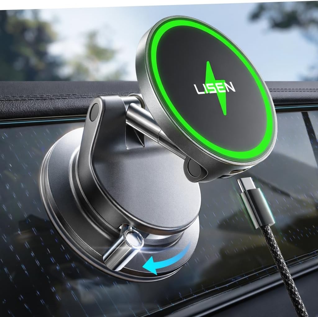 LISEN Cargador de coche Magsafe de 15 W para iPhone 18 Pro Max, cargador inalámbrico magnético para coche, soporte de teléfono con succión, soporte magnético de teléfono al vacío para Carfor iPhone 18