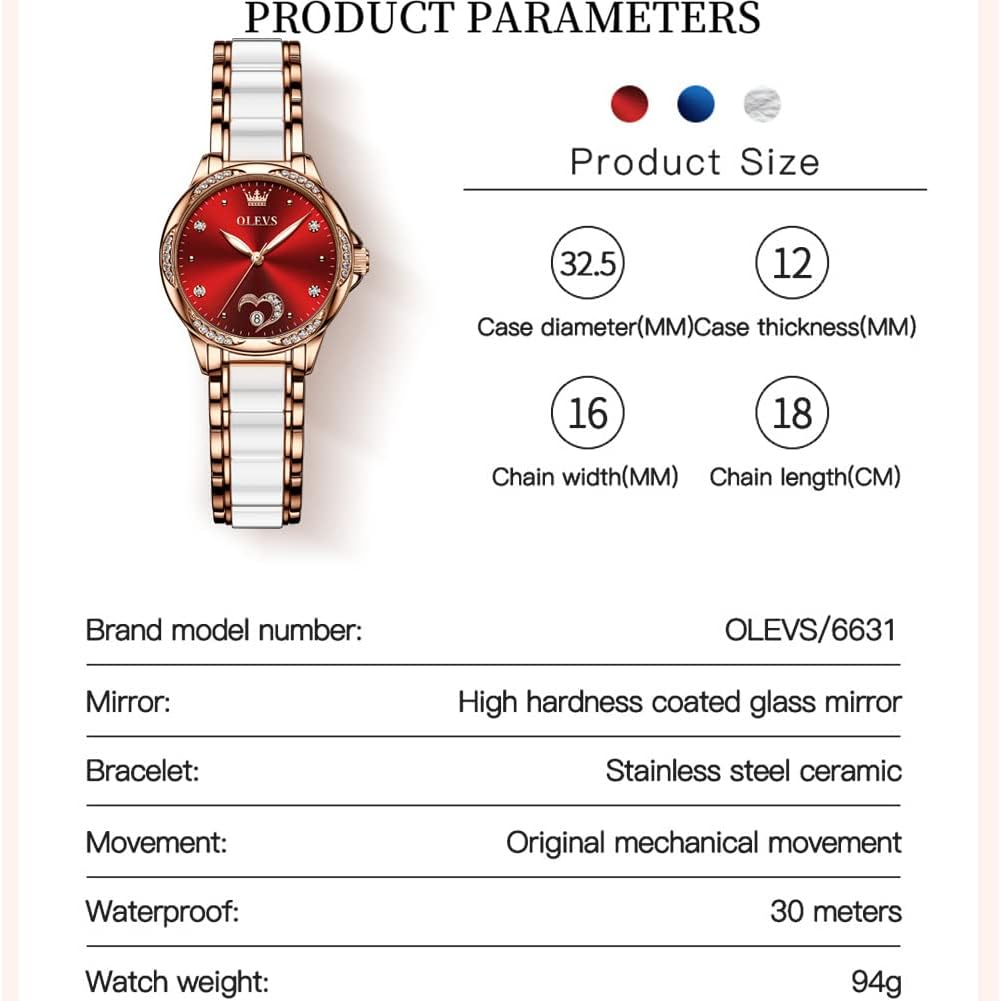 OLEVS Relojes automáticos para mujer con correa de cerámica de lujo
