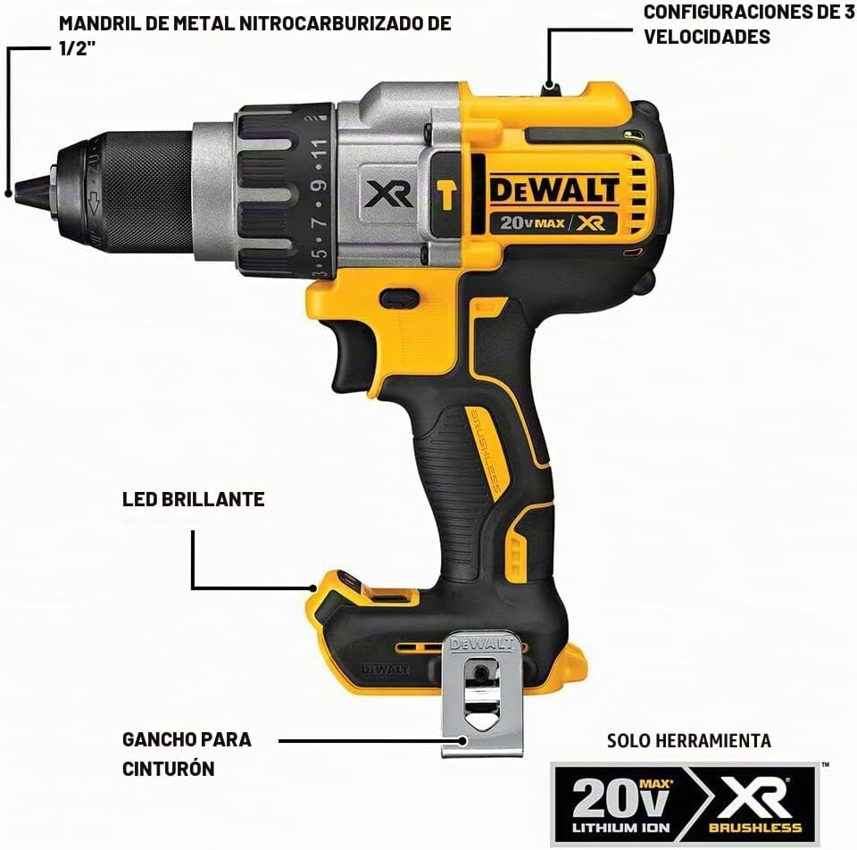 DEWALT Taladro de martillo inalámbrico MAX XR de 20 V, sin escobillas, resistente de 1/2 pulgada, 3 velocidades, solo herramienta (DCD996B)