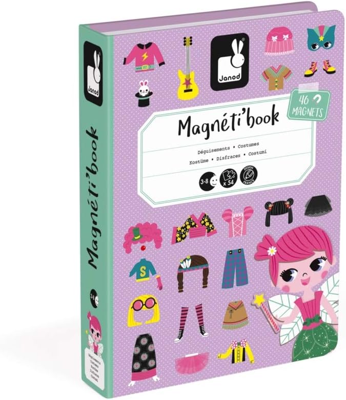 Janod - MagnetiBook Juego de disfraces magnéticos para niña de 55 piezas - Juego creativo - Mejora la creatividad y las habilidades cognitivas - Diseño portátil, aprendizaje STEM, aumenta la confianza