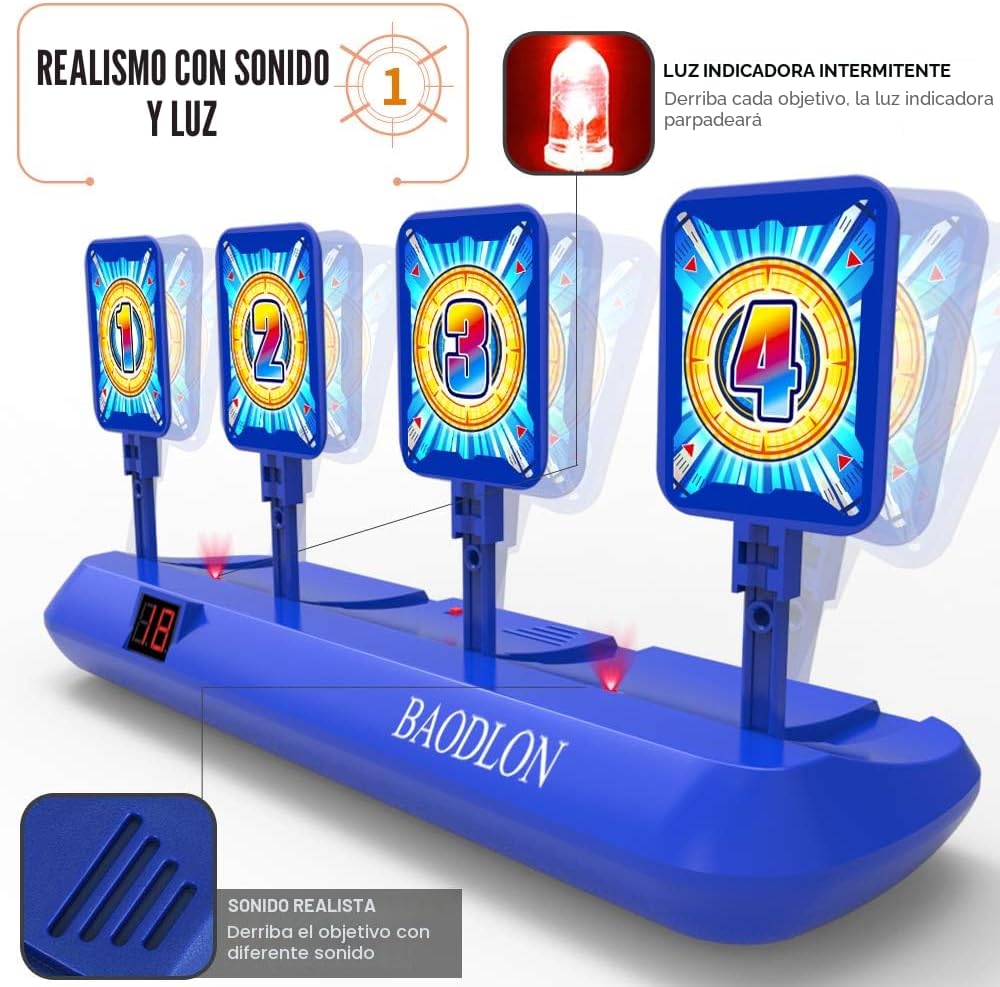 BAODLON Objetivos de disparo digitales con pistola de juguete de dardos de espuma, puntuación electrónica de reinicio automático de 4 objetivos, juguetes de juego de disparos, regalos para niños de 5