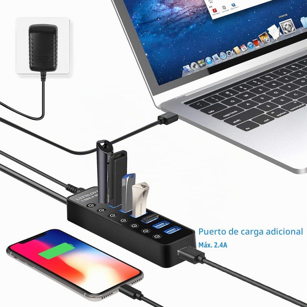 LYFNLOVE, HUB002, hub USB 3.0, alimentado, con puerto de carga inteligente, adaptador 5V/4A