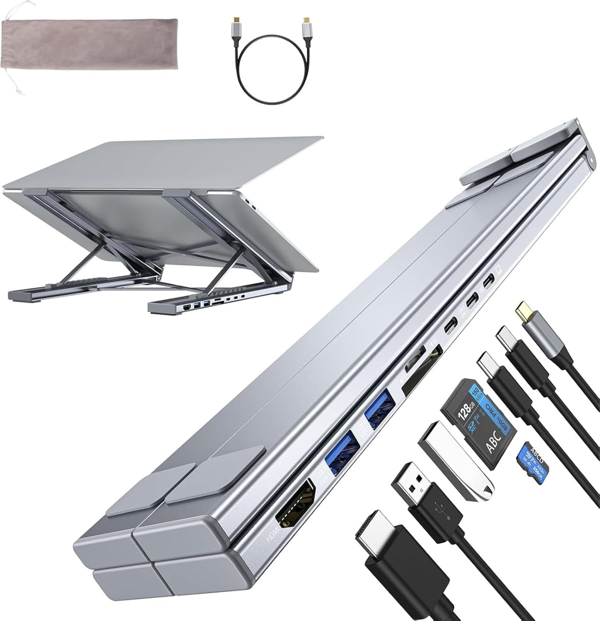 Soporte para laptop con estación de acoplamiento, 8 en 1 USB C Hub HDMI portátil soporte para computadora portátil para escritorio con puertos USB, multipuerto USBC, soportes plegables ajustables para computadora para MacBook